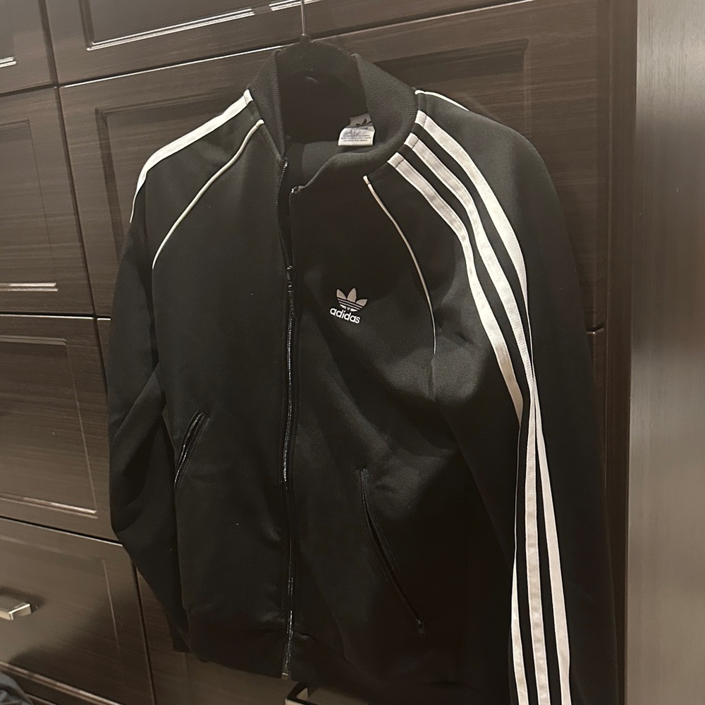Adidas Men's Black Bomber Jacket with White Stripes